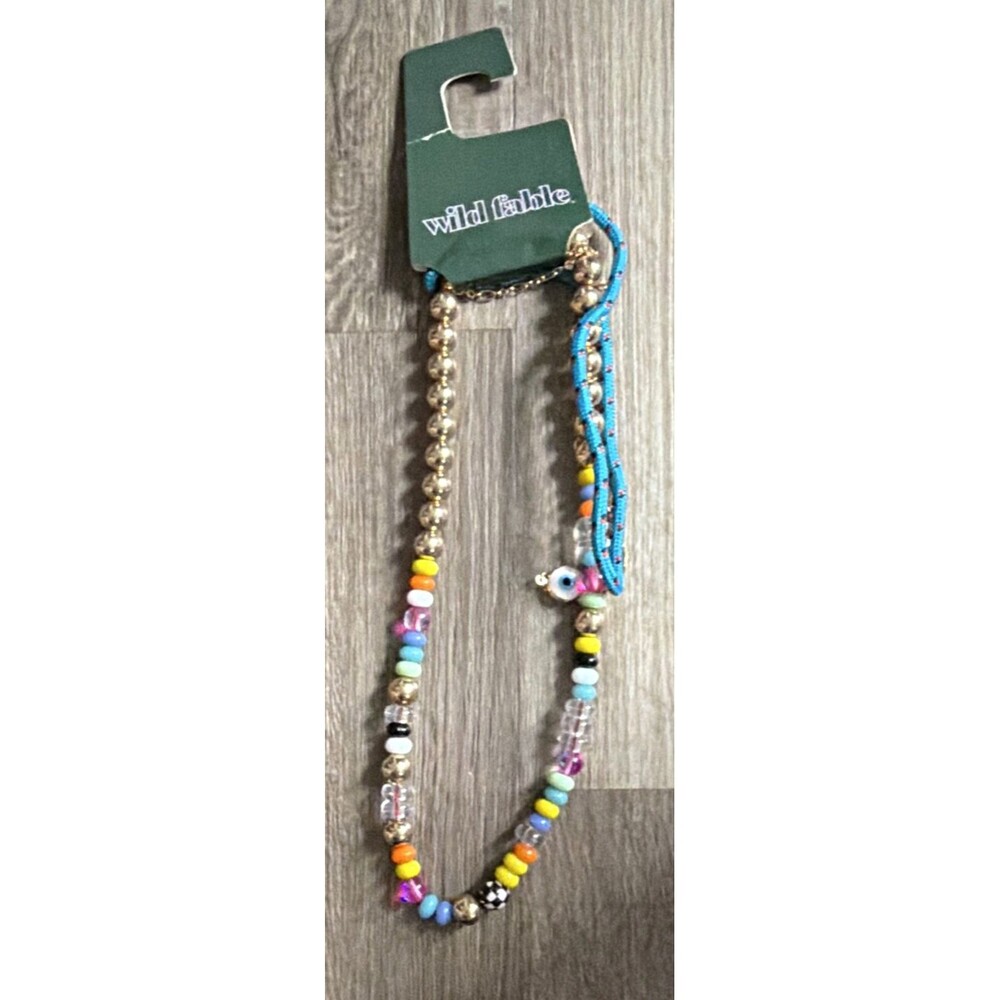 Wild Fable Multicolor Plastic Beaded Ball Chain Necklace w/ Evil Eye Charm NWT